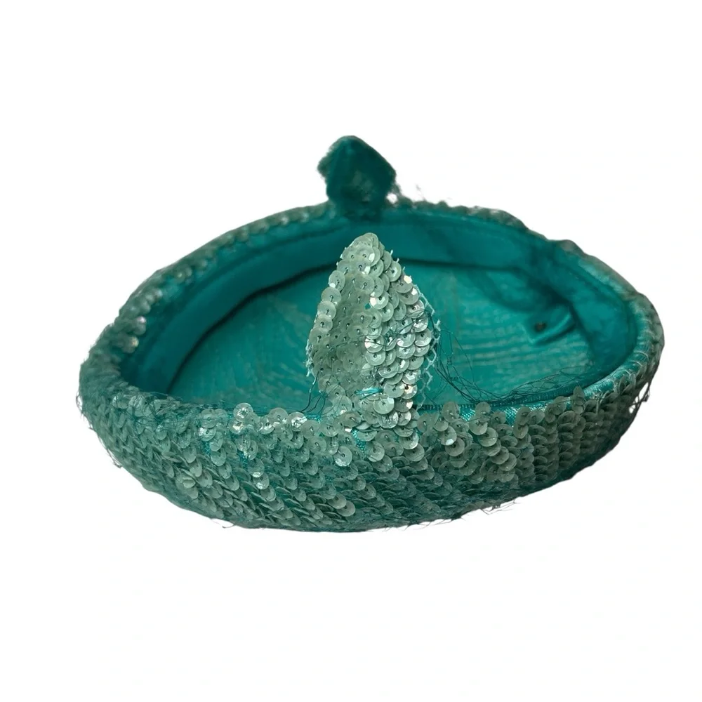 Baby Blue Teal All Sequins Flower Vintage Hat Sequin Cap – Star Pattern - Picture 4 of 7